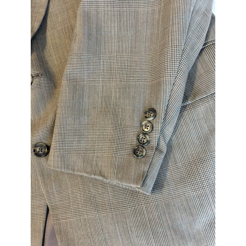 LANDS END Brown Windowpane Wool 2Pc SUIT‎ 44L Pleated Front Pants 36x30